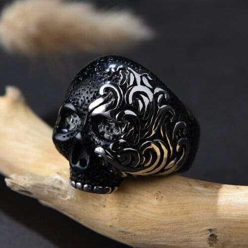 Unique Gothic Skull Rings For Men Black Silver Color Stainless Steel CZ Stone Skull Ring Heavy Metal Motor Biker Jewelry
