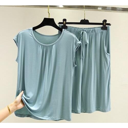 Modal O Neck Sleeveless Shirt + Pant Suit Womens Summer Loose Large Size Pajamas Female Sleepwear Pijamas Casual Two-Piece Set