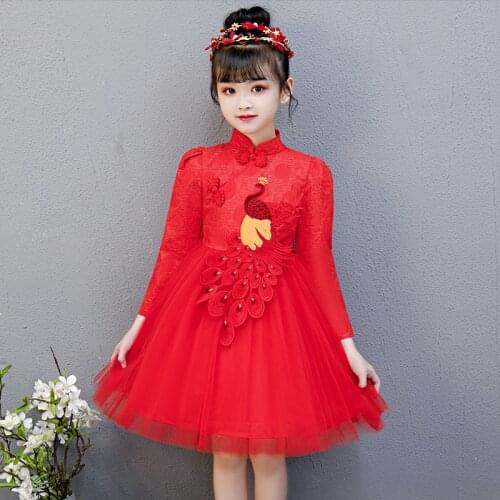 Red Embroidery Phoenix Flower Girl Chinese Wedding Dress Qipao Children Cheongsam Kids Oriental Style Dresses Princess Qi Pao