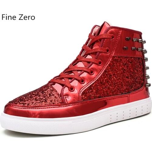 2020 Spring Autumn Unisex lace up bling shoes Male Gold Silver Studs High Tops Men Super cool Sneakers Couple Glitter Flats
