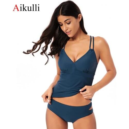 Aikulli Swimsuit Women Sexy V Neck Tankini Push Up Swimwear Bandage Criss Cross Back Two Piece Solid Bathing Suits Bikini Bottom