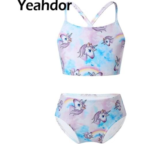 Summer Kids Girls Swimwear Bikini Set Cartoon Printed Swimsuits Bathing Suit Two Piece Tankini Beachwear Swimming Outfit