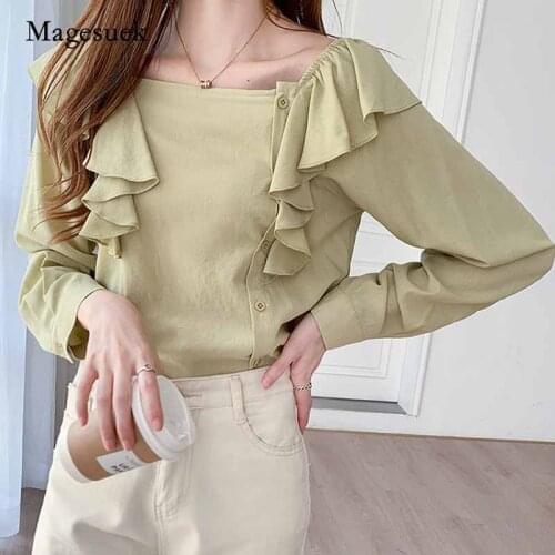 Fashion Autumn Ruffles Spliced Solid Long Puff Sleeve Blouse Women Square Collar Tops Elegant Button Shirts Blusas Mujer 11241