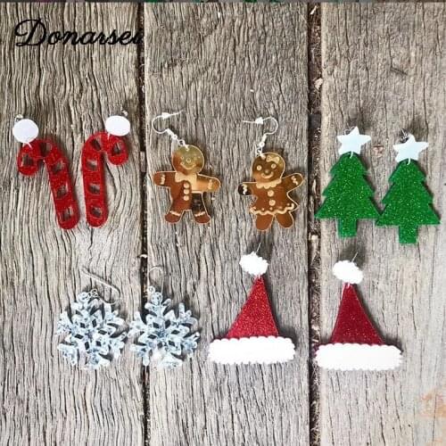Donarsei 2020 New Fashion Christmas Tree Acrylic Earrings For Women Cute Gingerbread Man Snowflake Drop Dangle Earrings Party