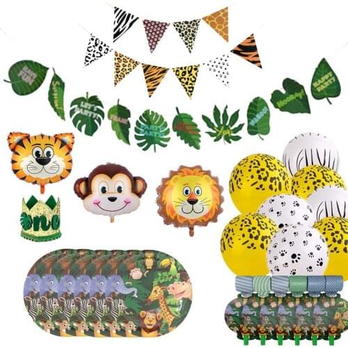 New Animal Jungle Childrens Birthday Party Disposable Tableware Flag Balloon Atmosphere Decoration Supplies KK23