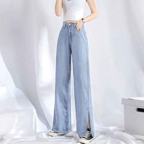 Washed Solid Women Jeans Summer Cool Thin Soft Cotton Denim Pants Wide Leg Loose Breathable Female Bottom Split Jeans 2021 New