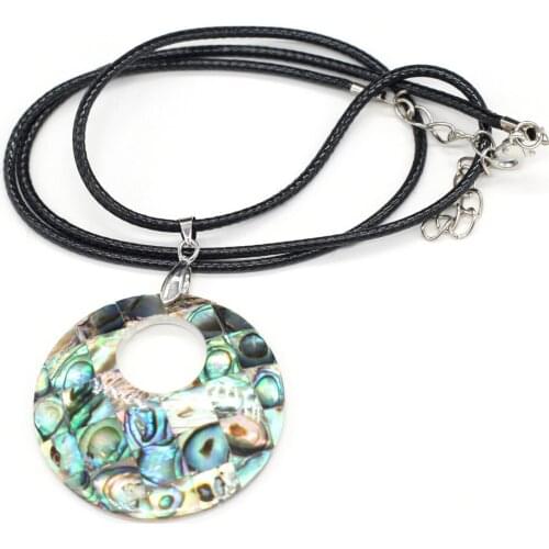 Natural Shell Pendant Necklace Exquisite Round Abalone Shell Charms Long Wax Thread for Women Men Jewelry Necklace