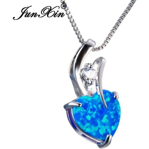 JUNXIN Mysterious Ocean Blue Fire Opal Heart Pendant Necklaces For Women Silver Color White Crystal Zircon Jewelry