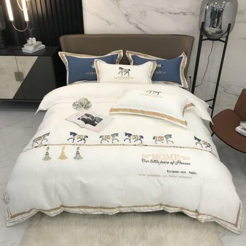 Luxury White Thicken Sanding 600TC Egyptian Cotton Horse Embroidery Bedding Set Duvet Cover Bed Linen Fitted Sheet Pillowcases