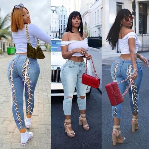 Blue Ripped Skinny Jeans Women Summer Sexy Back Hollow Out Lace Up High Waisted Jeans Woman Fashion Bandage Denim Pencil Pants