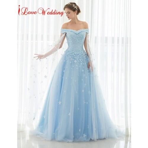 Light Blue Wedding Dresses Off The Shoulder Lace Tulle Applique Floor Length Long Bridal Gowns Vintage Cathedral Train