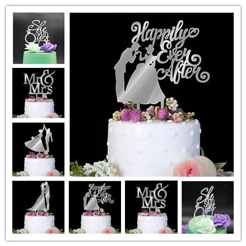 Mirror Silver Cake Topper Wedding Birthday Party/Evening Acrylic Bride and Groom Mr & Mrs Happily Ever After She Said Yes