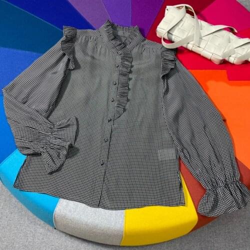 Ladies 2021 Fashion New Long Sleeve Sexy Fungus Lace Embellished Plaid Shirt 0109