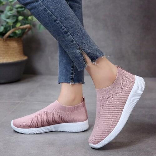 2020 breathable air mesh autumn 2019 flat heels sneakers women casual slip on stretch knitted sock platform shoes woman flats