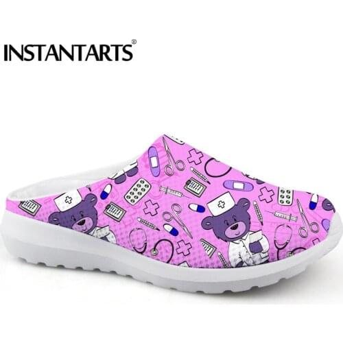 INSTANTARTS Cute Cartoon Nurse Bear Print Nurse Shoes Lady Summer Women Beach Water Shoes Light Mesh Sandals Purple Slippes Girl