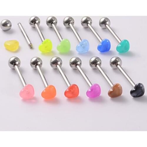 12pcs/lot Candy Color Heart shape Acrylic Tongue Piercing Balls Nipple Rings Surgical Steel Barbell Plastic Tongue Rings Jewelry