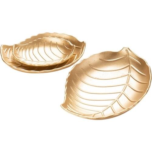 3 Pcs Golden Metal Texture Leaf-shaped Fruit Plate Jewelry Tray Living Room Snack Nuts Dried Fruit Fruit Plate Home Decor Crafts