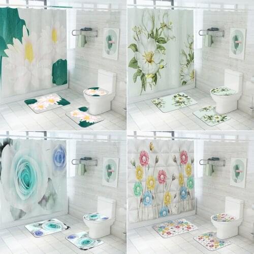 White Flowers Print Shower Curtains Bathroom Curtain Set Butterfly Rose Lotus Pattern Anti Slip Pedestal Rug Toilet Cover Mat