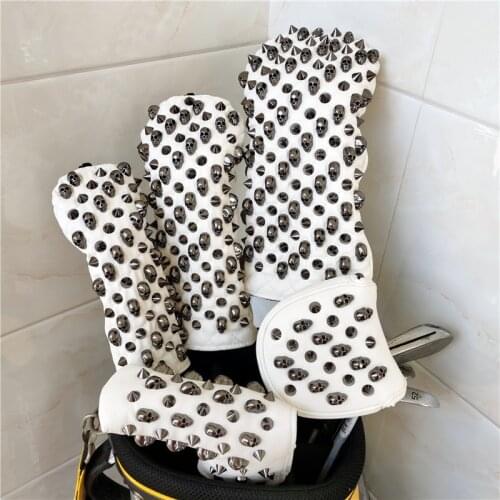 BLACK SKULL NAILS golf driver headcover WHITE PU leather golf club fw ut woods putter cover for man women