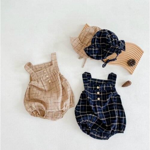 2021 Summer Baby Girl Romper 2 Pcs Sets Plaid Button Strap Baby Bodysuit+hat Breathable Baby Jumpsuit Baby Clothes Girl 0-24M