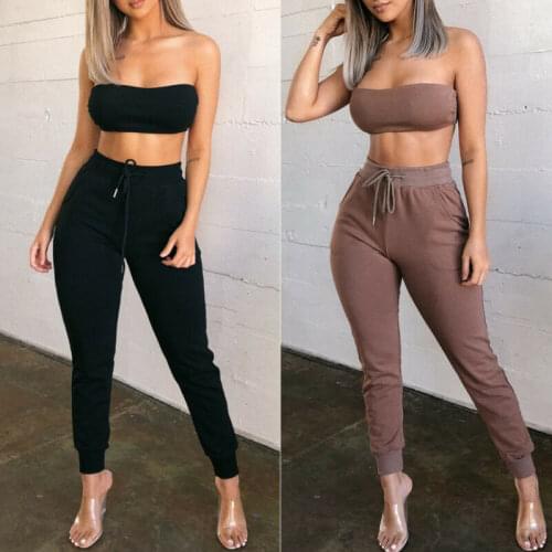 Brand New Womens Yoga Set Gym Compression Cotton Fitness Sport Pants String Solid Skinny High Waist Strapless Fashion Hot 2019