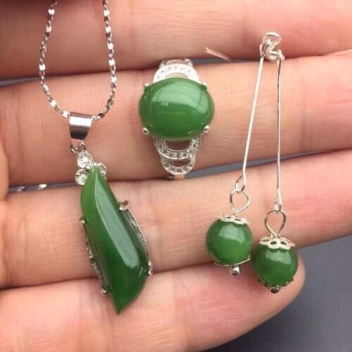 Hetian Biyu three sets of spinach green pendant ring earrings