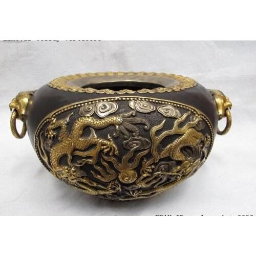 China Bronze 24K Gold Silver-Gilt Two Dragon Play Bead Two Lion Lug Pot Jar Jug