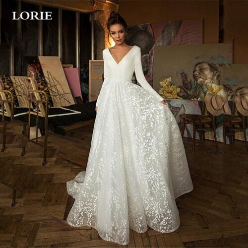 LORIE Boho Lace Wedding Dresses 2020 Long Sleeve V-neck Princess Bridal Gowns Soft Satin Backless White Vestido de noiva