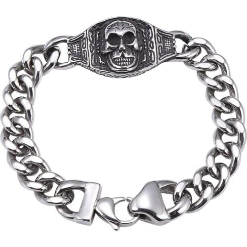 11mm Stainless Steel Curb Cuban Link Chain Skull Bracelet for Men Punk Jewelry Male Charm Bracelets Bangles Party Gift GS0018