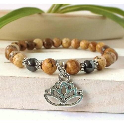 Natural stone lotus bracelet Nature Stone 8MM picturejasperBracelets wrist mala spiritual healing yoga bracelet Mala Beads