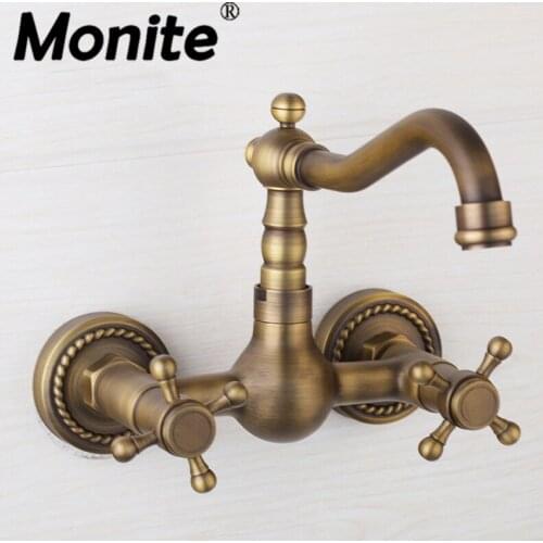 Monite 360 Rotated Antique Brass Bathroom Basin Sink Mix Tap 2 Handles Wall Mounted Kitchen Basin Sink Mixer Faucet Solid Brass