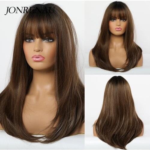 Jonrenau Synthetic Wigs for Black Women Afro Long Straight Ombre Black Brown Ash Blonde wig with Bangs Cosplay Layered wig