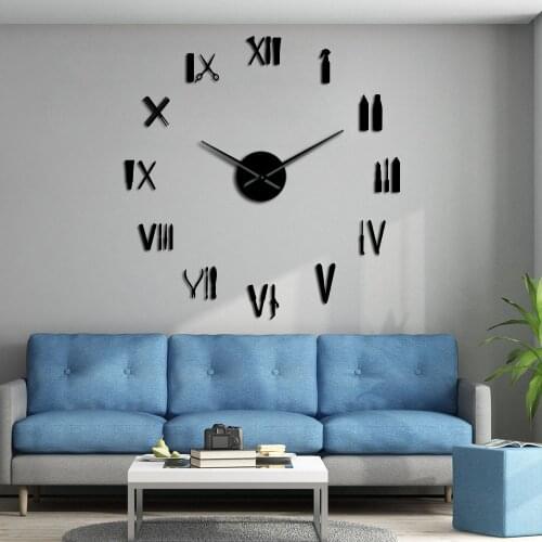 Barber Tools DIY Wall Stickers Hair Salon Beauty Hairdressing Wall Art Sign Barber Shop Silent Large Frameless Clock Wall Watch