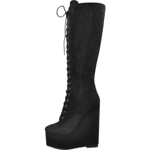 Richealnana Womens Black Wedge Heels Knee High Boots Lace Up Knee High Shaft Knee Side Zip Heeled Big Size Fashion Booties