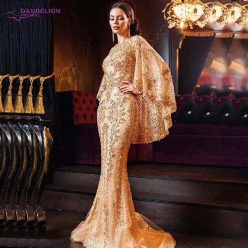 Luxury Dubai Sleeveless Shawl Evening Dress for Women 2020 Mermaid Sequined Sparkle Beads Handmade Long Formal Party Gown