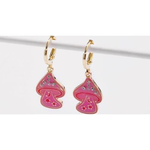 New Ins Oil Drop Mushroom Earrings Pink Rhinestone Mushroom Earrings For Women Girls Fashion Jewelry