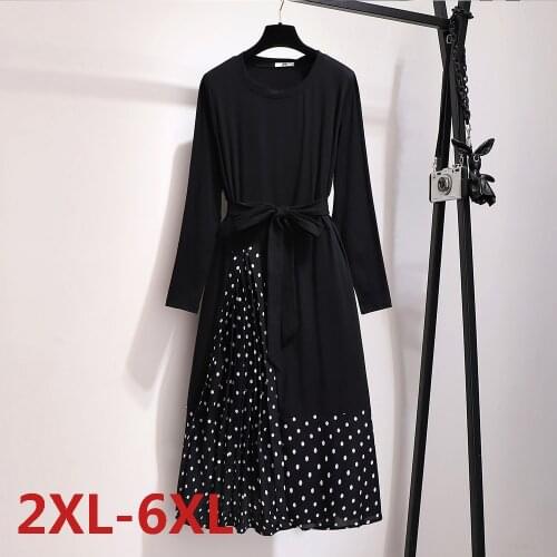 Spring O-Neck Mid-Calf High Waist Dress Big Plus Size Solid Poly Dot Elegant Office Ladies Bow Chiffon Tunic Ruffles Midi Dress