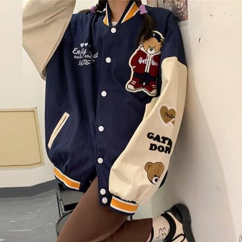 Vintage Bear Letters Baseball Jacket Coat Women Oversized Outerwear 2021 New Harajuku Korean Style Loose Jacket Students Girls