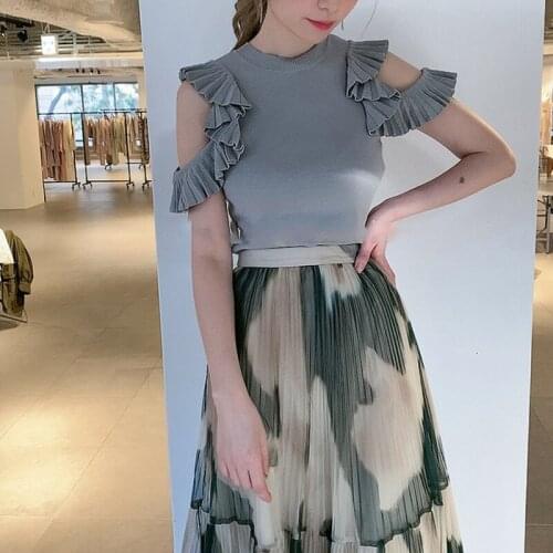 Kuzuwata Japanese Sweet Shirts Knitting Solid Off Shoulder Ruffles Folds Blouses 2021 Spring Autumn Temperament Women Tops