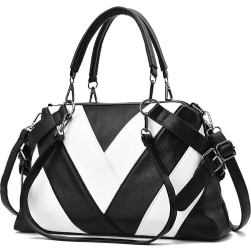 Womens Bag 2021 Handbags Black and white v-type Leather Totes Top-handle patchwork striped Bag Shoulder Bag Lady Hand Bags