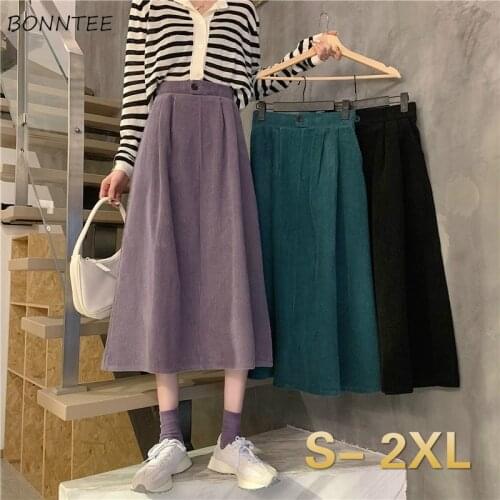 Skirts Women Basic Fall Elastic Popular Preppy Girls Clothing Harajuku Mid-Calf College All-match Vintage Empire Lady Skirt Pure