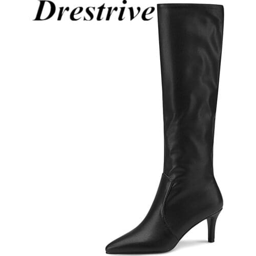 Drestrive Women Knee High Boots Pointed Toe Cow Split Leather Zipper 2021 Classics Winter Shoes Big Size 43 Silver Thin Heels