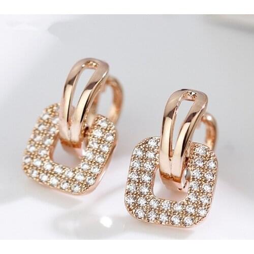 ZHOUYANG Stud Earring For Women Elegant Square Clear Crystal Rose Gold Color Silver Color Fashion Jewelry For Daily Party KAE079