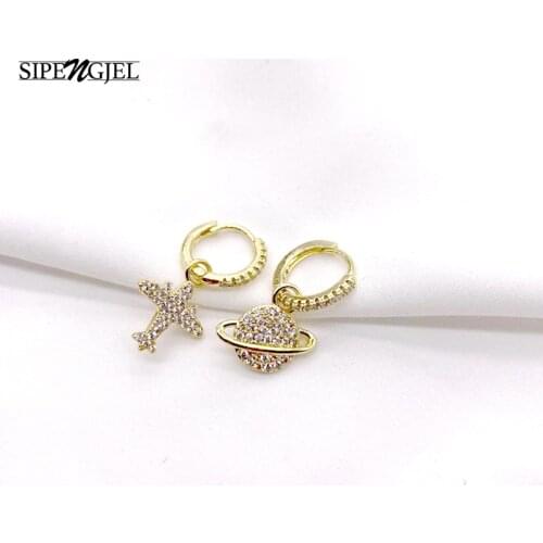 SIPENGJEL Fashion Cute Airplane And Moon Dangle Drop Earrings Shiny Cz Small Hoop Earrings For Women jewelry Gift 2021