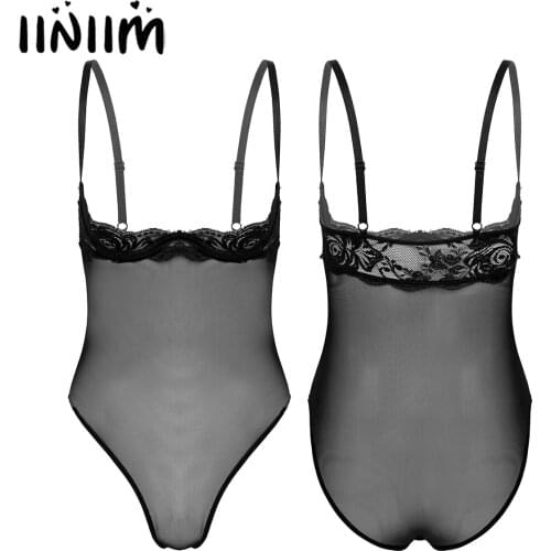 Femme Women Floral Lace Patchwork Underwire Bra Bodysuit Adjustable Spaghetti Strap See-through Mesh Leotard Underwear
