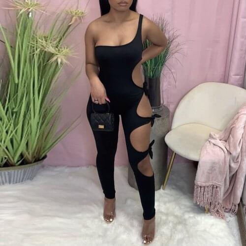 One Shoulder Solid Backless Women Rompers 2021 Casual Streetwear Workout Skinny Jumpsuit Sportswear Side Hollow Out Bodysuits