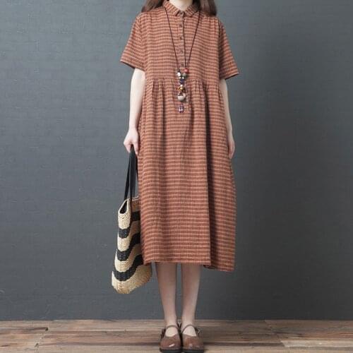 Women Summer Cotton Casual Dress New Arrival 2021 Simple Style Vintage Striped Loose Comfortable Female Long Dresses S3878