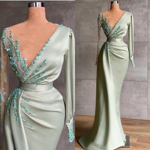 Real Image Mint Green Evening Dresses Sheer Jewel Neck Beaded Long Sleeve Mermaid Prom Dress Custom Made Women Formal Party Gown