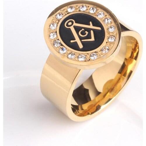 10pcs/lot Titanium steel ring Freemason Masonic Rings Mens Jewelry Gift Golden Round Rings with Crystals
