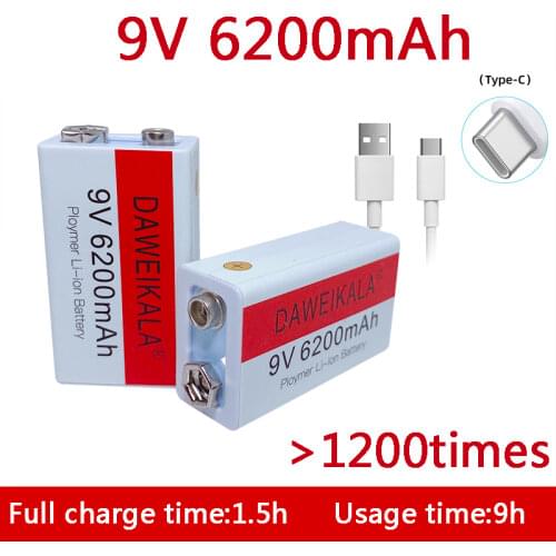 9V Battery 6200mAh li-ion Rechargeable battery Micro USB Battery 9v lithium for Multimeter Microphone Toy +USB charging cable